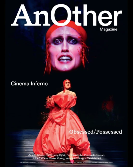 Magazine cover featuring a portrait of a woman's distressed face above a full-length shot of a model in a large red dress with bow.