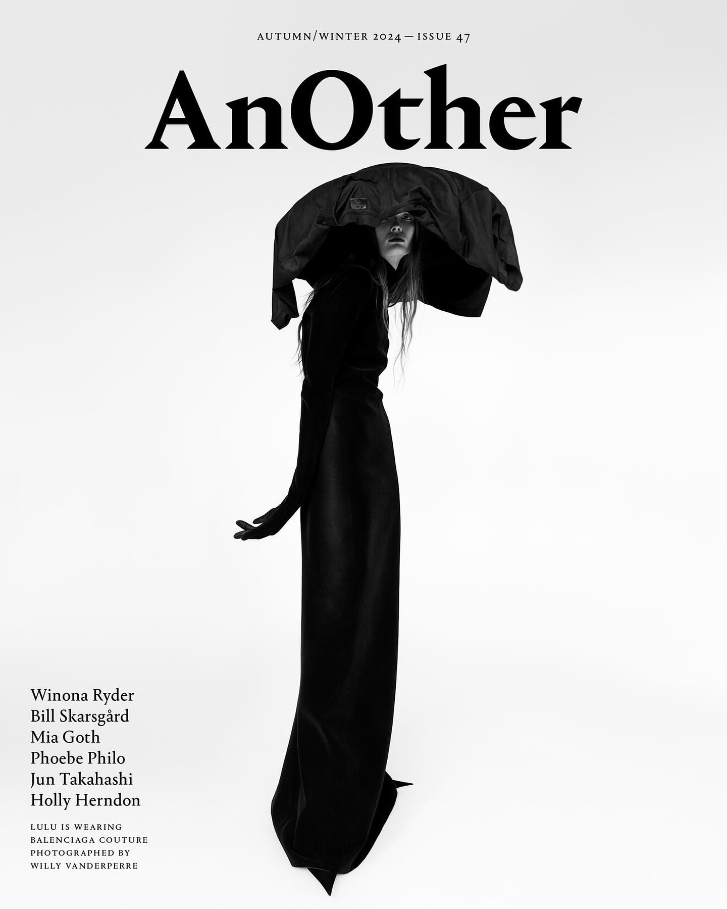 Magazine cover featuring a fashion model in a long black dress and oversized hat, with 'AnOther' and celebrity names visible.