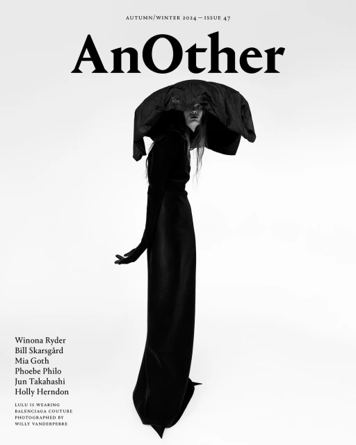 Magazine cover featuring a fashion model in a long black dress and oversized hat, with 'AnOther' and celebrity names visible.