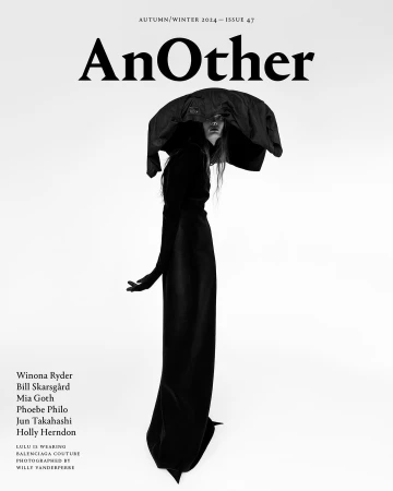 Magazine cover featuring a fashion model in a long black dress and oversized hat, with 'AnOther' and celebrity names visible.