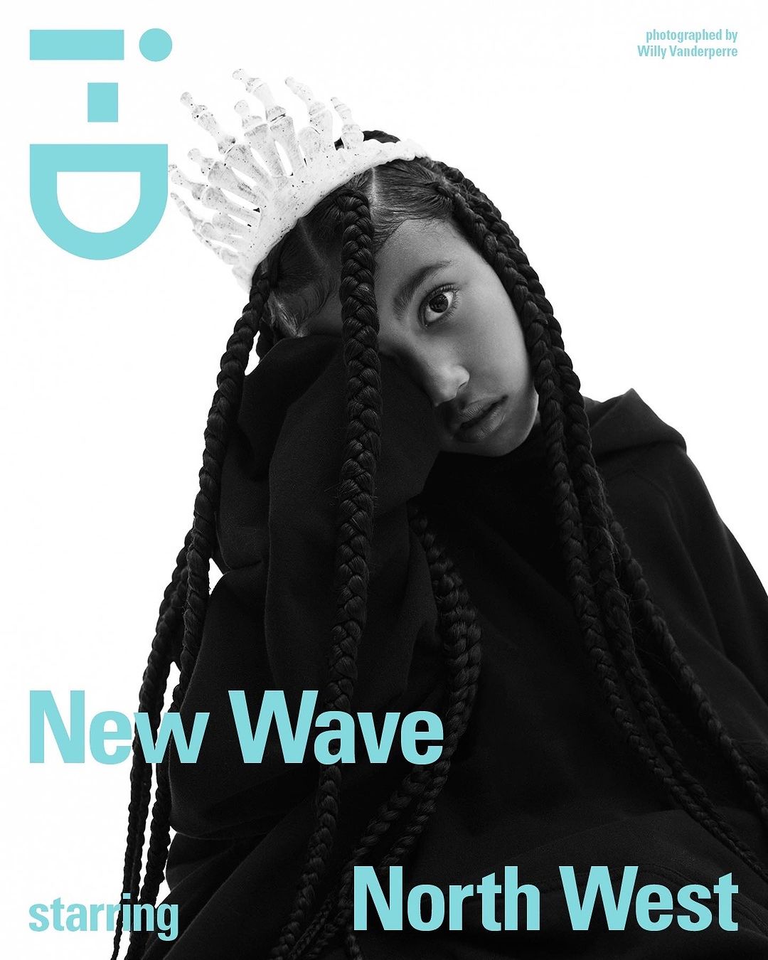 Magazine cover featuring a young person with braided hair, wearing a crown and black hoodie, against a bright white backdrop.