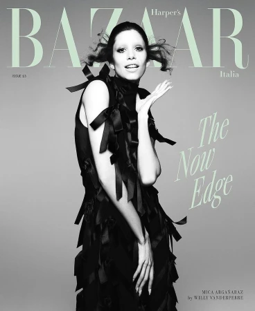 Harper's Bazaar Italia cover features a woman in a black ribbon dress against a gray background, with magazine text overlay.