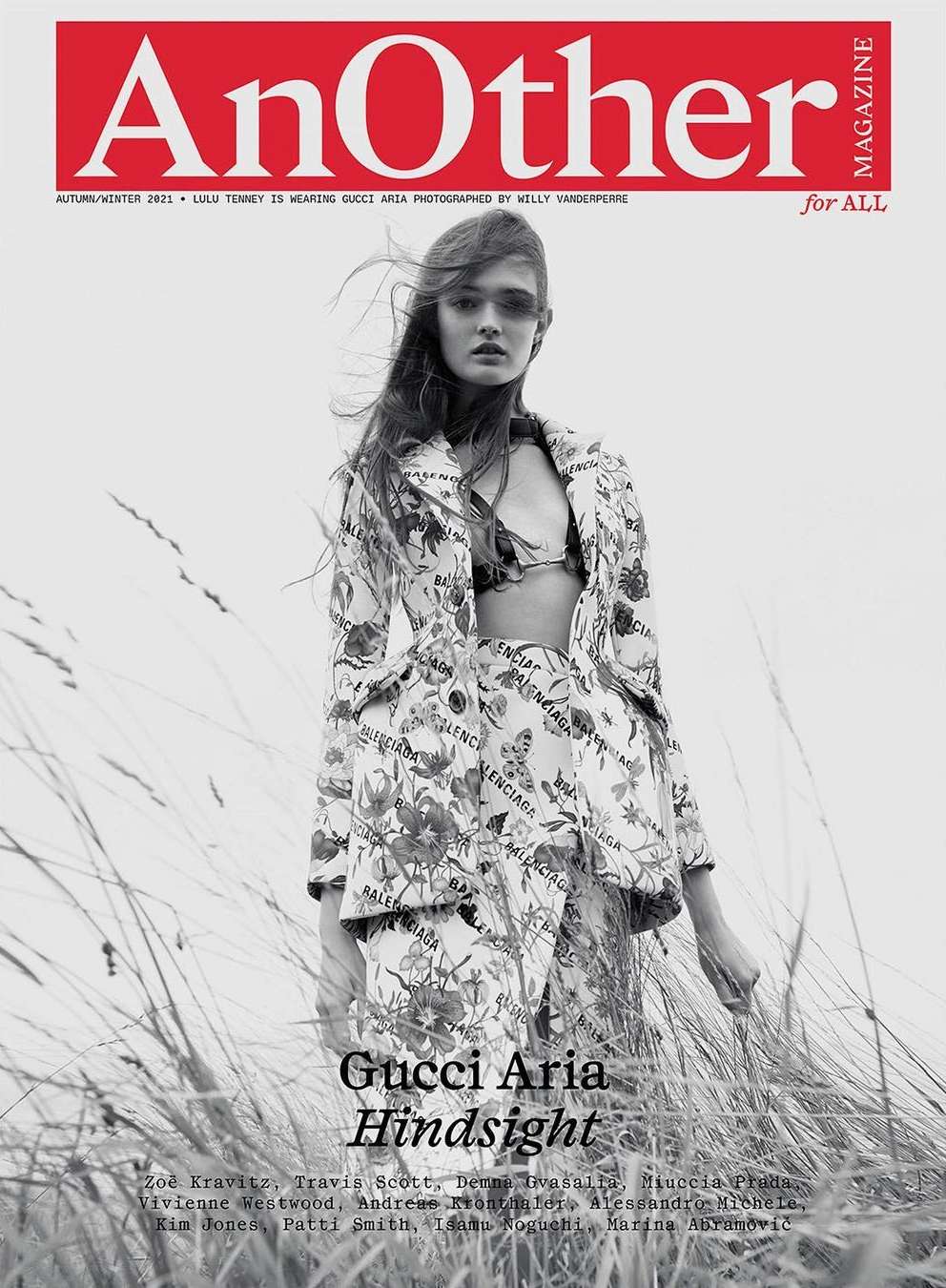 Fashion magazine cover featuring a woman in a floral Balenciaga suit, photographed outdoors with a red "AnOther" logo and black text.
