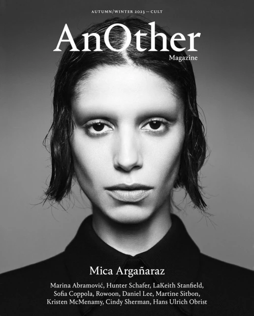 Black-and-white portrait of Mica Argañaraz on AnOther Magazine cover, Autumn/Winter 2023. Minimalist fashion, studio setting, direct gaze.