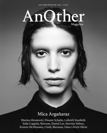 Black-and-white portrait of Mica Argañaraz on AnOther Magazine cover, Autumn/Winter 2023. Minimalist fashion, studio setting, direct gaze.