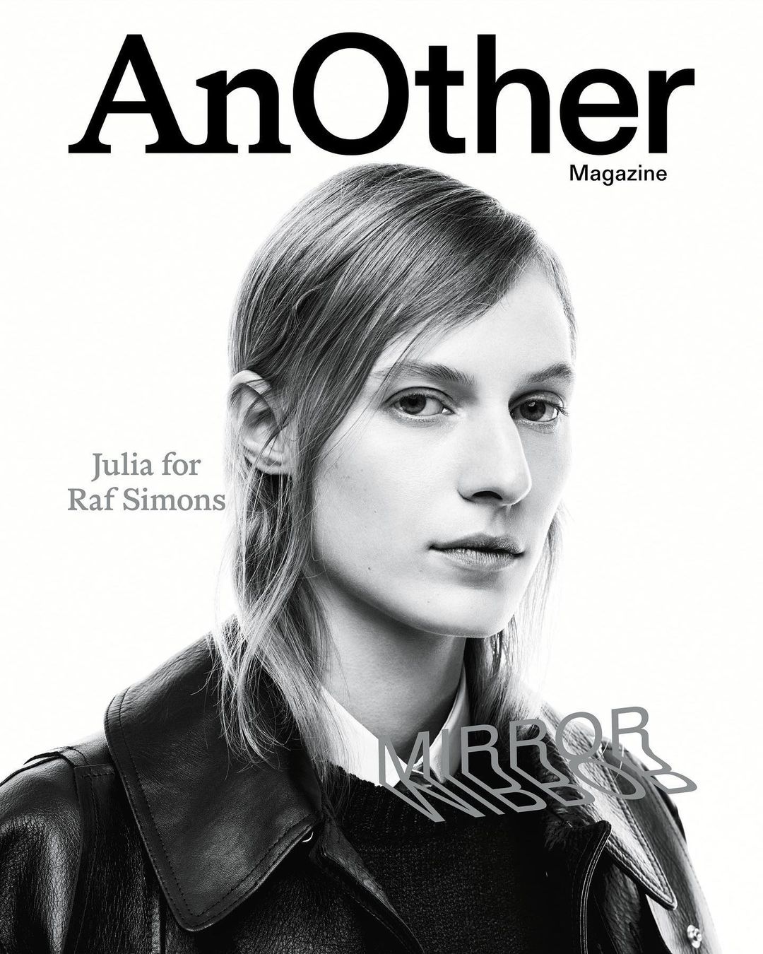 Fashion magazine cover featuring a woman with fair skin and light brown hair, wearing a black leather jacket, against a white background.