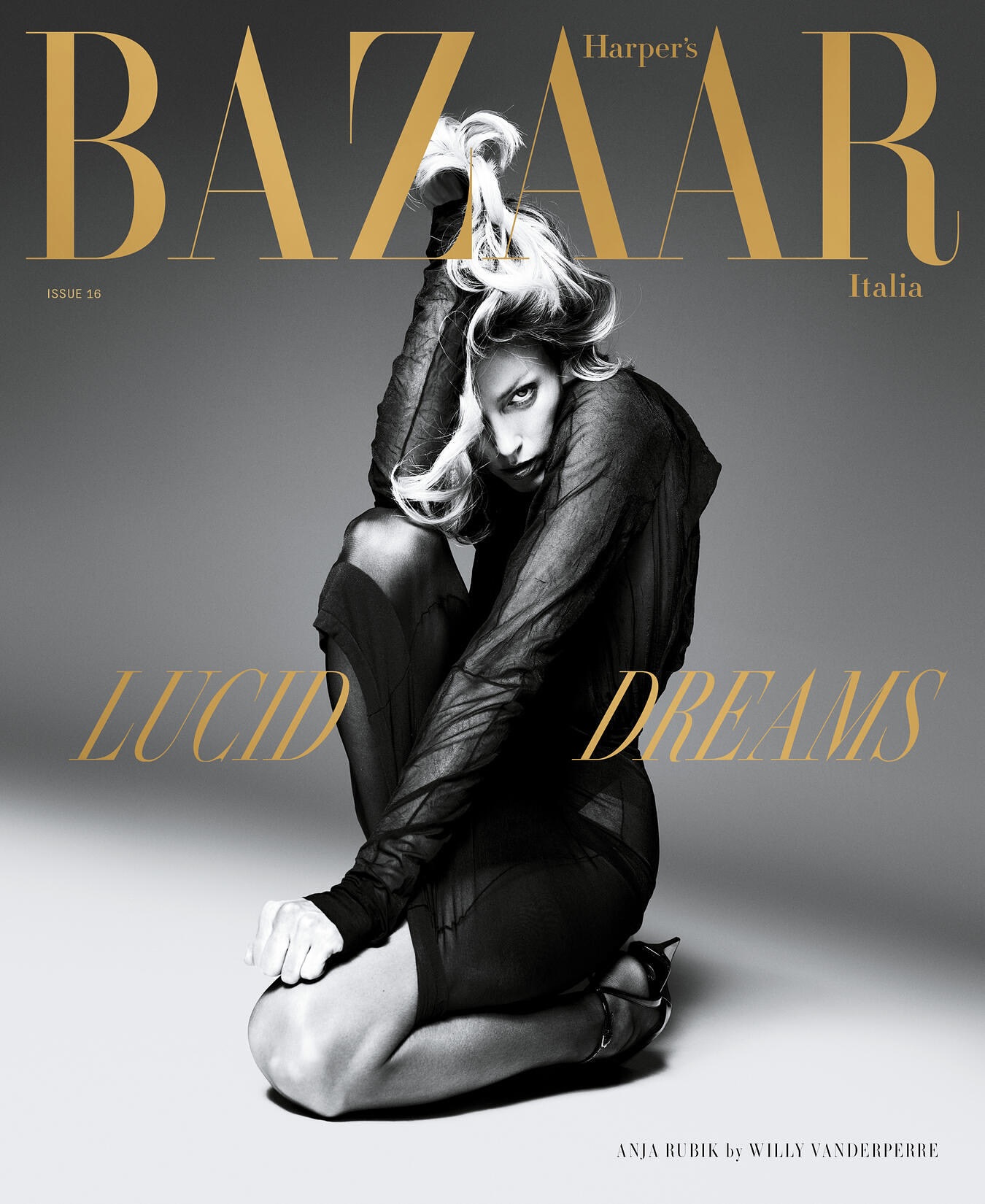 Harper's Bazaar Italia magazine cover featuring Anja Rubik in a sheer black outfit, kneeling against a gray backdrop with gold text overlay.