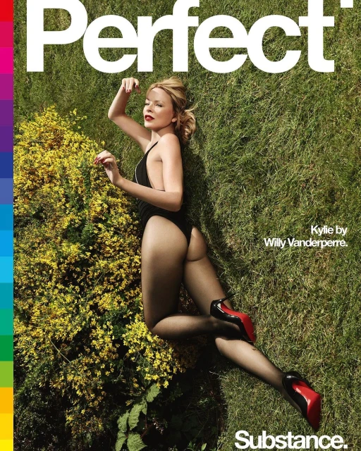 Magazine cover featuring a blonde woman in a black bathing suit and black hosiery, lying on grass with red high heels.