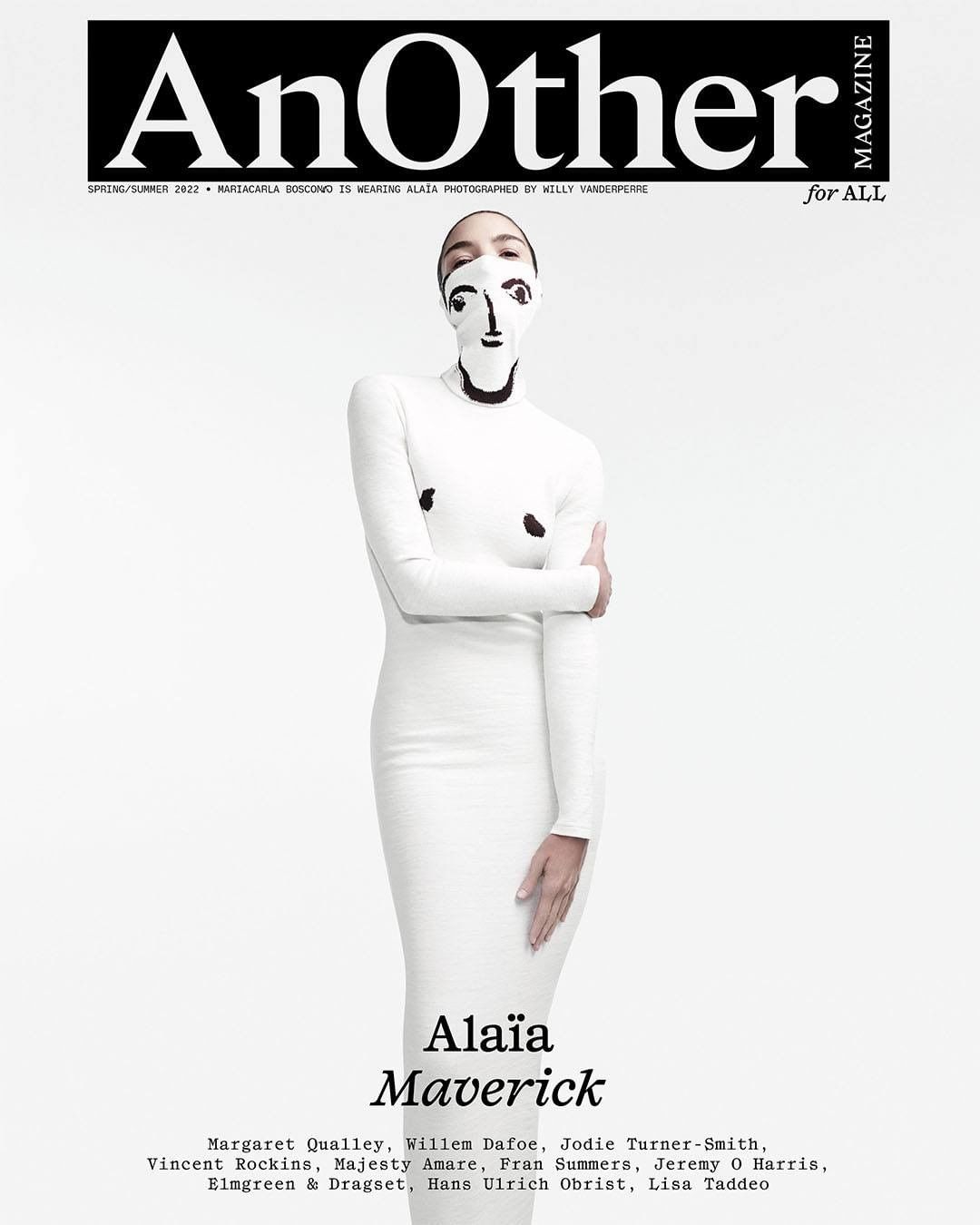 Magazine cover featuring a fashion model wearing a face covering and a white dress, against a light background, promoting Alaïa Maverick.