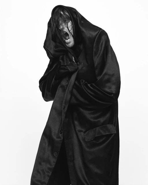 Monochrome portrait of a person with long hair wearing a hooded satin robe, looking down with an open mouth expression against white.