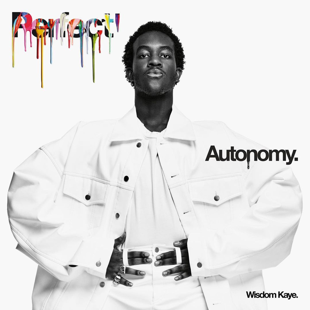 Music album cover art featuring an adult male in a white jacket, with the album title 'Autonomy' and the artist's name, Wisdom Kaye.