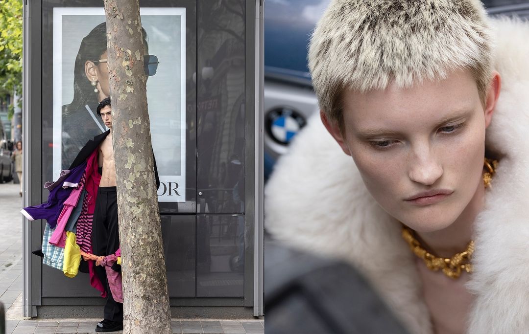 Fashion editorial featuring a model in white fur coat and gold necklace, contrasted with a man holding clothing beside a Dior poster.
