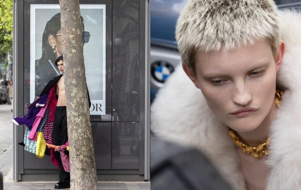 Fashion editorial featuring a model in white fur coat and gold necklace, contrasted with a man holding clothing beside a Dior poster.