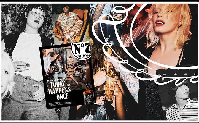 Montage of people at a party with a Jack Daniel's advertisement, showing diverse individuals and a celebratory atmosphere.