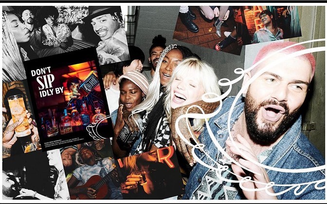 Collage of a diverse group of smiling young adults, portraits, and Jack Daniel's advertising with spirits bottles, in a festive setting.