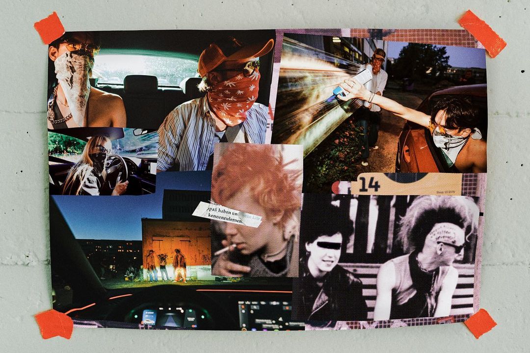 Collage of photographs featuring people in cars, portraits, city scenes, and punk subculture elements, taped to a white wall.