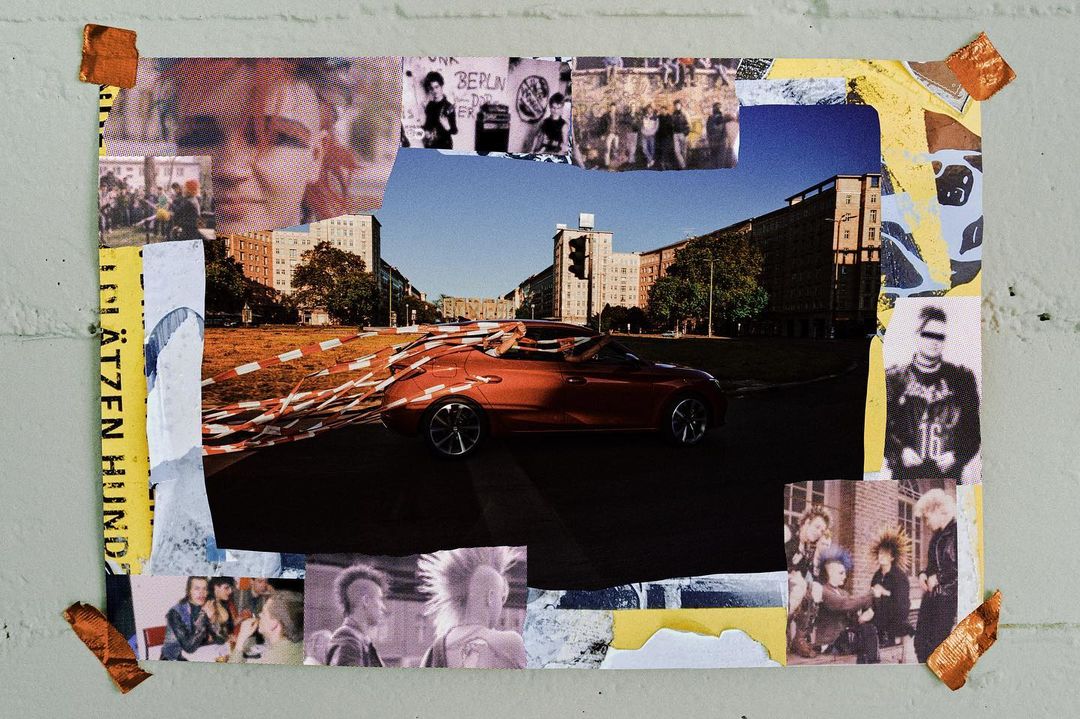 Collage featuring a red convertible car in an urban street scene, surrounded by smaller images of people and pasted on a gray wall.