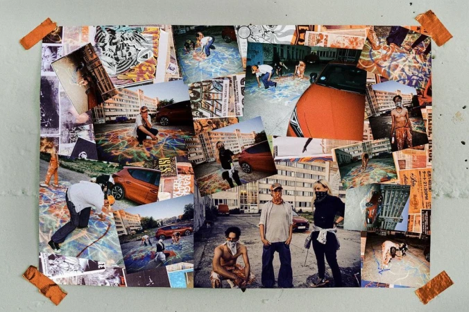 Collage of street photography featuring people drawing on the pavement with chalk, an orange car, and apartment buildings in an urban setting.