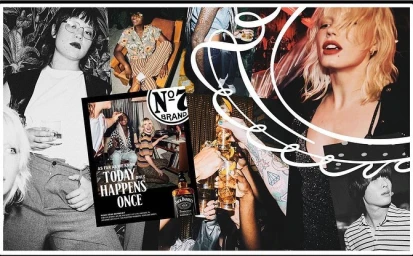Collage of fashion and lifestyle photographs featuring multiple portraits, cocktails, and an advertisement for No. 7 brand.