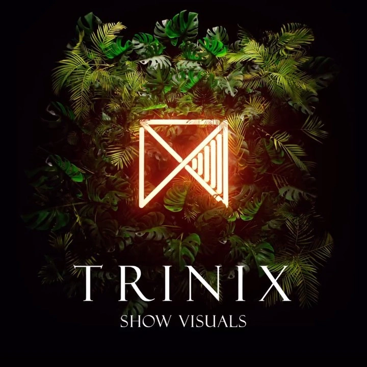 Glowing geometric logo surrounded by dense tropical foliage with the text TRINIX SHOW VISUALS below