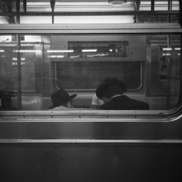 Two men in dark hats seated on a subway train viewed through the exterior window glass