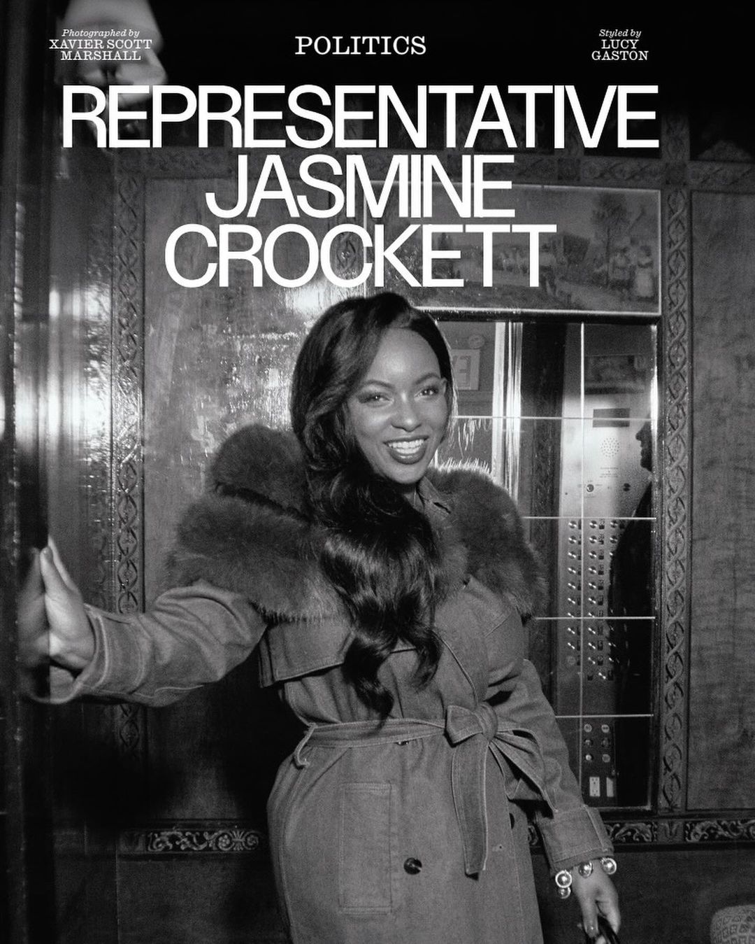 Portrait of Jasmine Crockett in trench coat with fur collar standing in front of elevator in black and white for magazine cover.