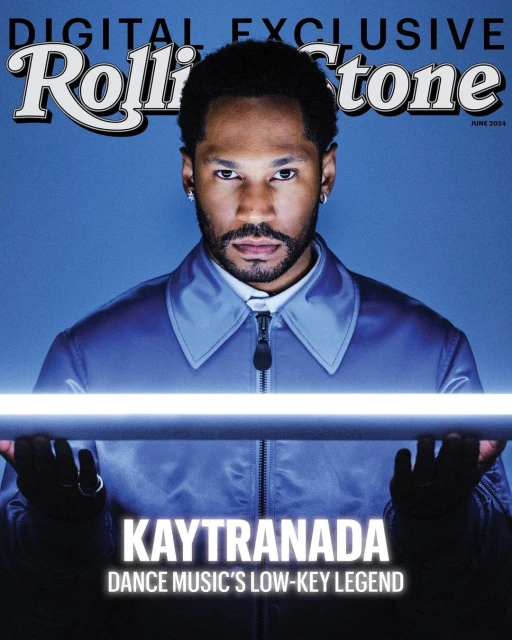 Rolling Stone magazine cover featuring Kaytranada in a blue jacket holding a glowing tube, promoting dance music. Digital exclusive.