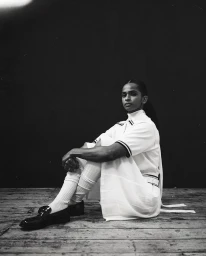 Model seated on a wooden floor wearing a white collared dress, high socks, and dark loafers against a dark backdrop.
