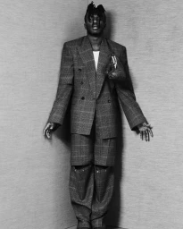 Black man with braided hair wearing a patterned grey suit standing in a corner holding boxing gloves, photographed by Xavier Scott Marshall.