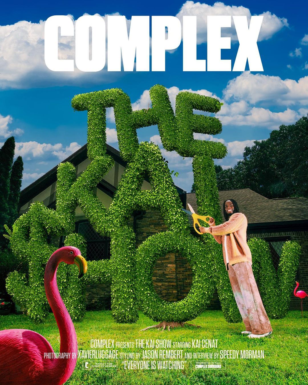 Complex magazine cover featuring Kai Cenat trimming topiary letters in a garden setting, bright colors, editorial design, outdoor shot.