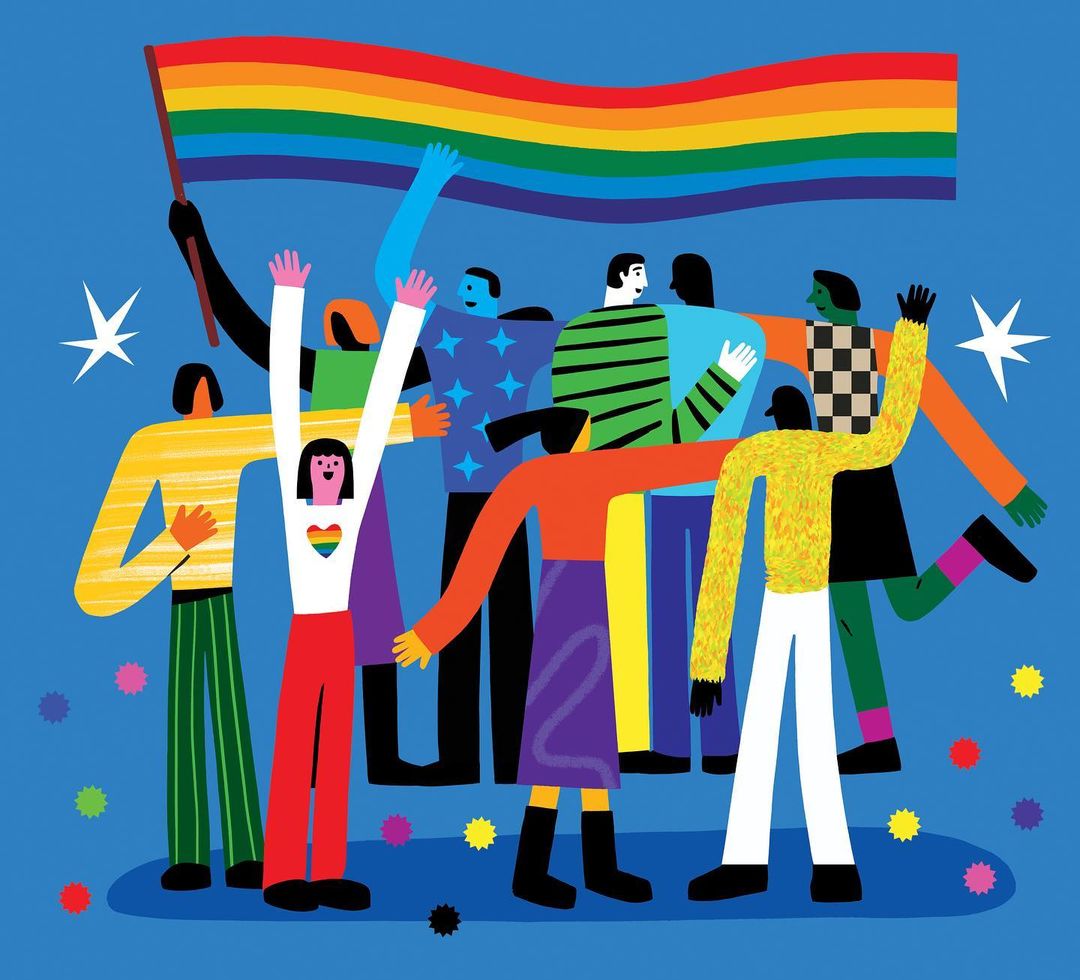 Illustration of a group of diverse people marching with a rainbow flag against a blue background, celebrating LGBTQ+ pride and unity.