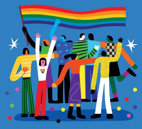Illustration of a group of diverse people marching with a rainbow flag against a blue background, celebrating LGBTQ+ pride and unity.
