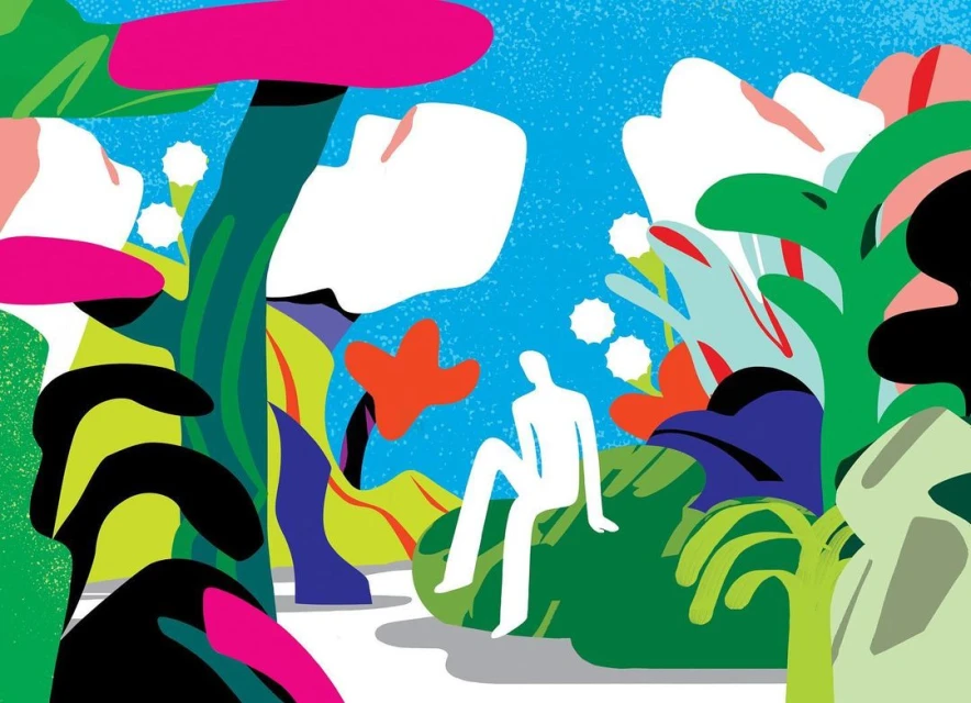 Illustration of a white silhouette of a person sitting on a green plant, surrounded by abstract shapes and foliage in a colorful, whimsical style.