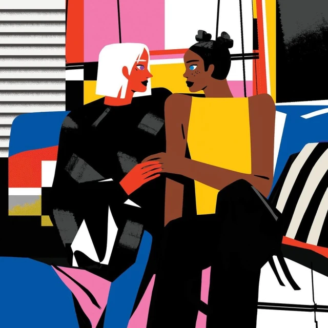 Illustration of two women with different skin tones sitting together, with geometric color blocks in background.