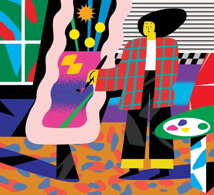 Illustration of a person painting on canvas, wearing a red plaid jacket and black pants in a room with colorful geometric shapes.