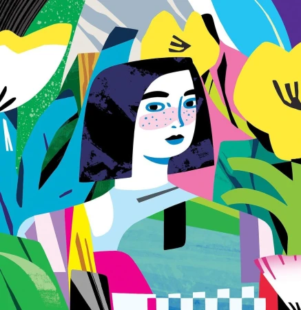 Stylized illustration of a woman with dark hair, surrounded by colorful abstract flowers and leaves in shades of yellow, green, blue, and pink.