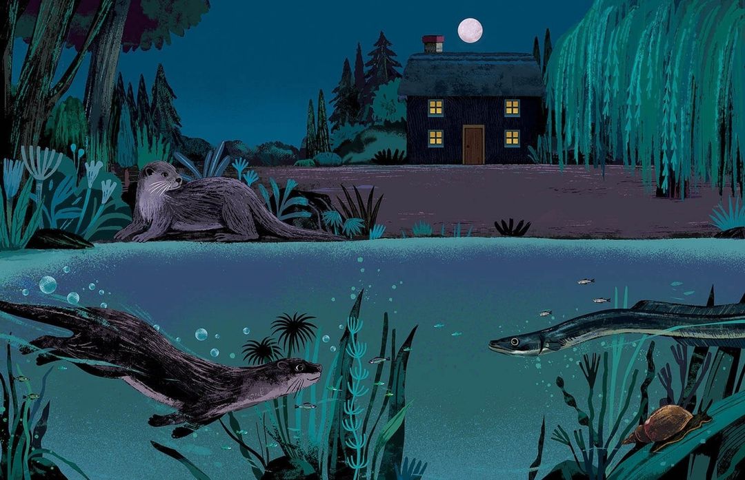 Illustration of otters in and around a pond with a house in the background, rendered in a dark and colorful cartoon style.