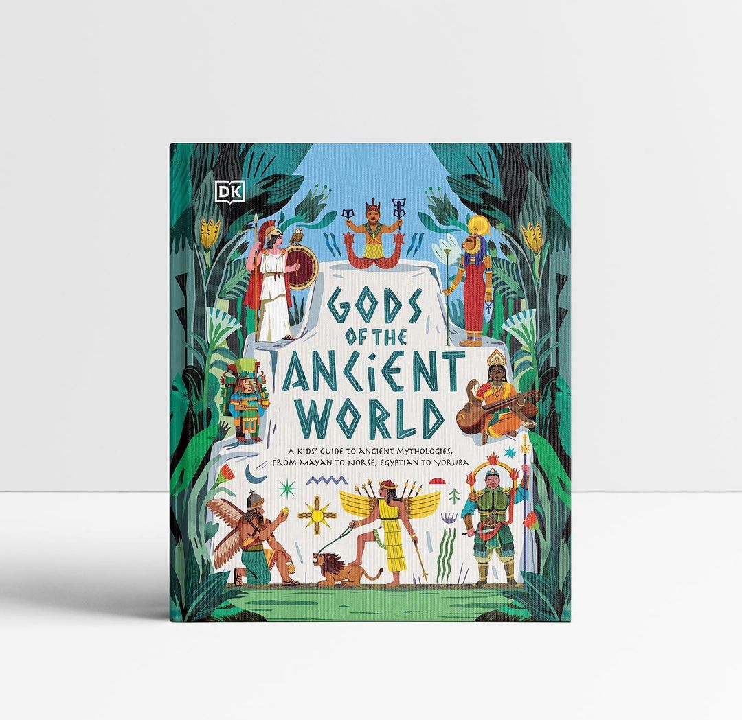 Book cover with vibrant illustration of Gods of the Ancient World. Features diverse deities, lush greenery, and bold typography.