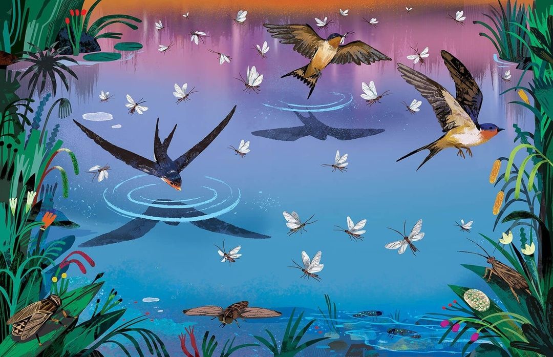 Illustration of swallows flying over a pond, with insects and aquatic vegetation adding to the vibrant scene. Created with digital painting.