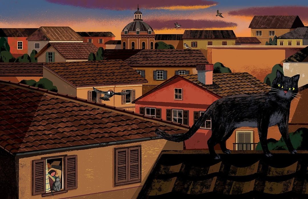 Illustration of a black cat on a rooftop at dusk, with a child looking out the window in the city background. Digital artwork.
