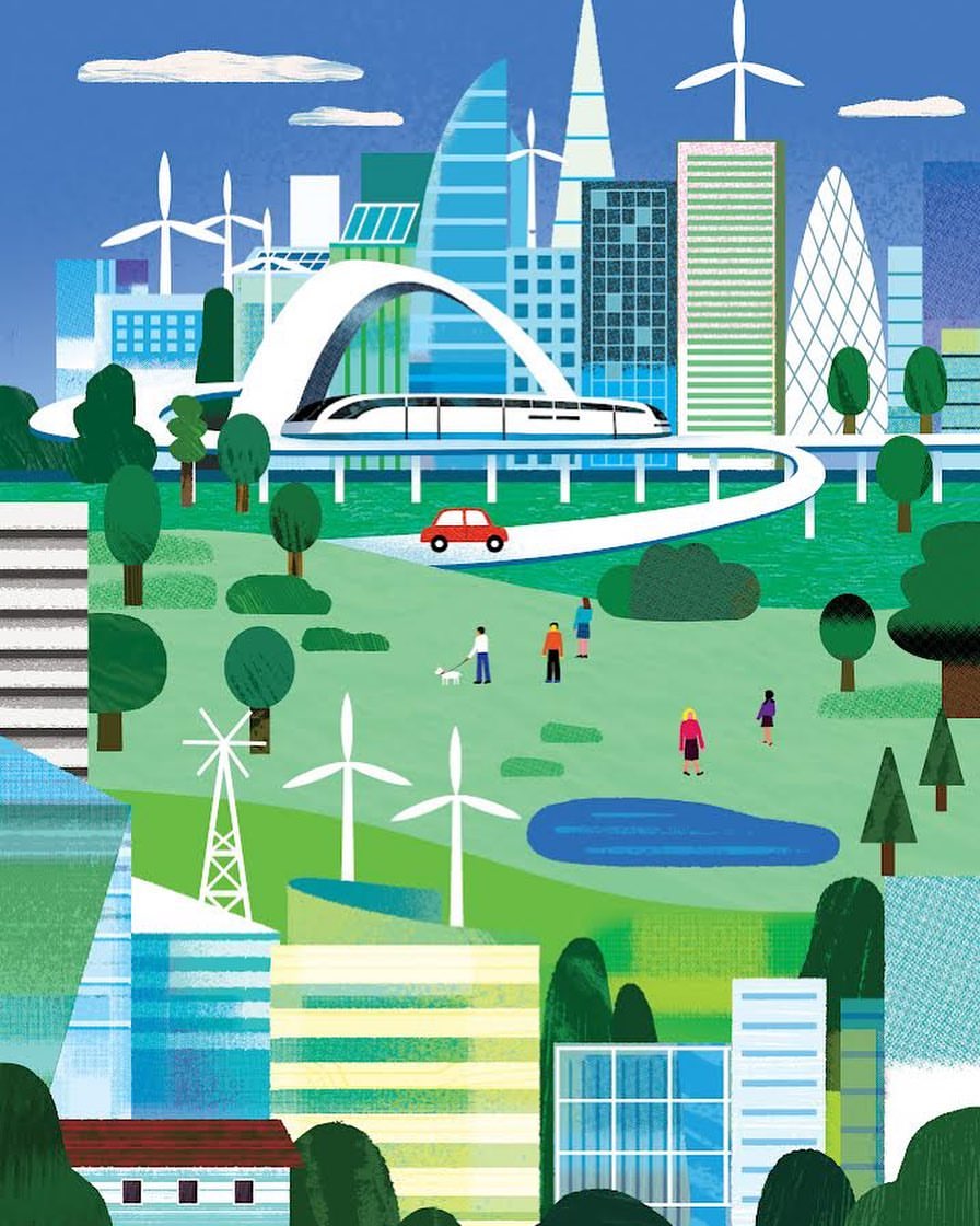 Illustration of a modern city with a high-speed train on an elevated track, parks, and wind turbines, suggesting a green, sustainable future.