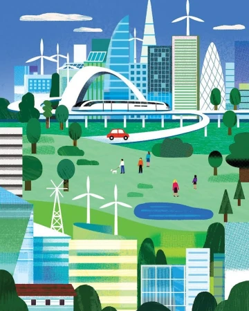 Illustration of a modern city with a high-speed train on an elevated track, parks, and wind turbines, suggesting a green, sustainable future.