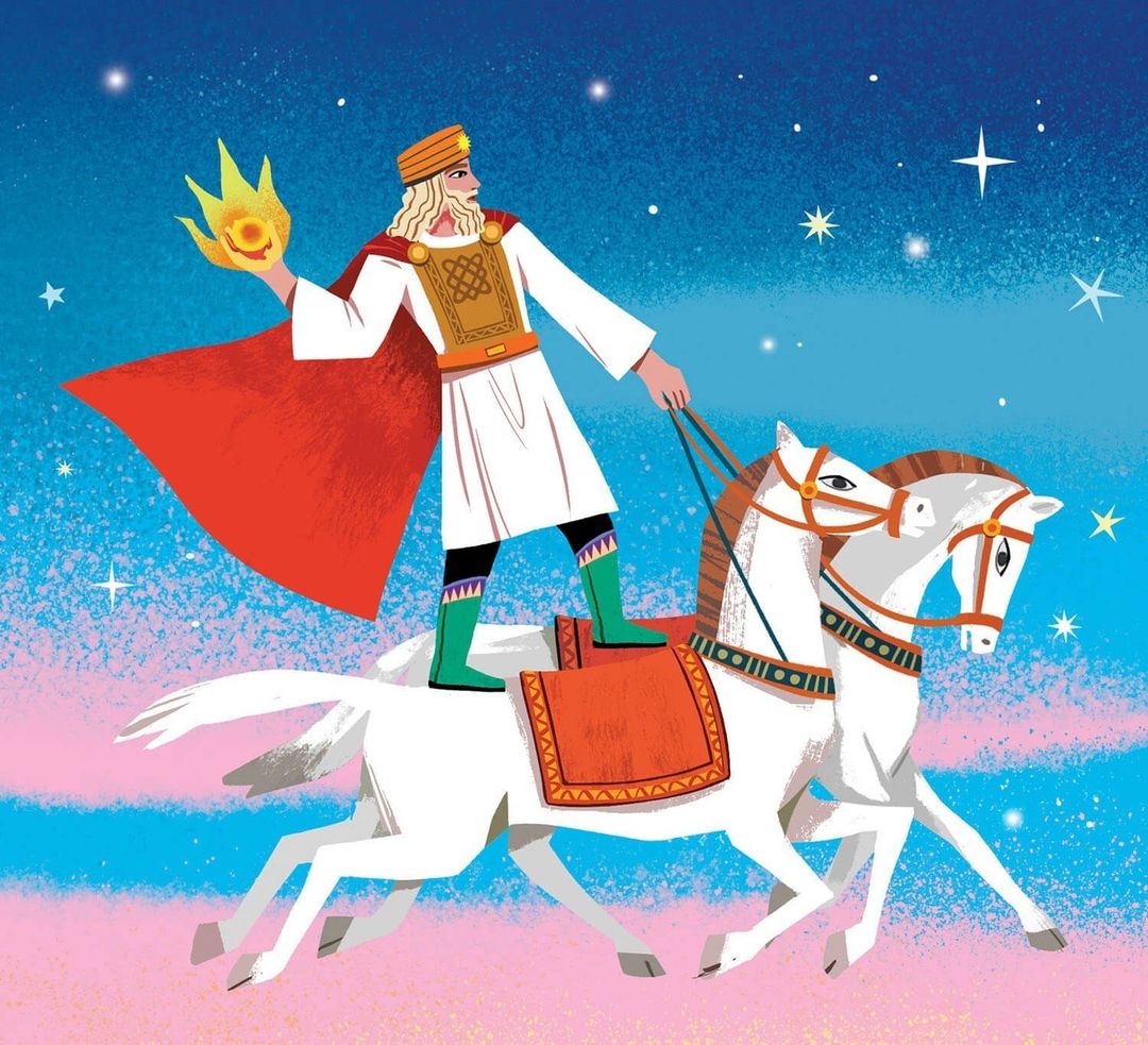 Illustration of a man with a beard riding two white horses in a starlit sky, holding a flaming object in his hand. Illustration art style.