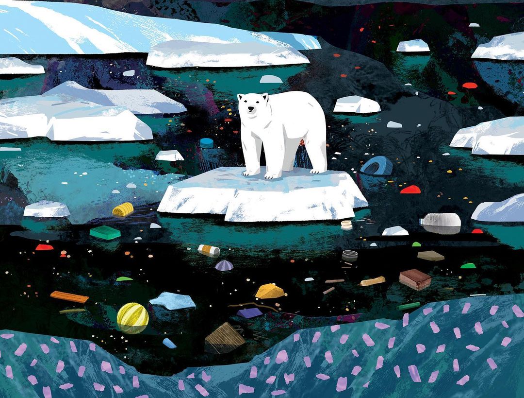 Illustration of a polar bear standing on a melting ice floe surrounded by floating plastic waste in a dark, watery environment.