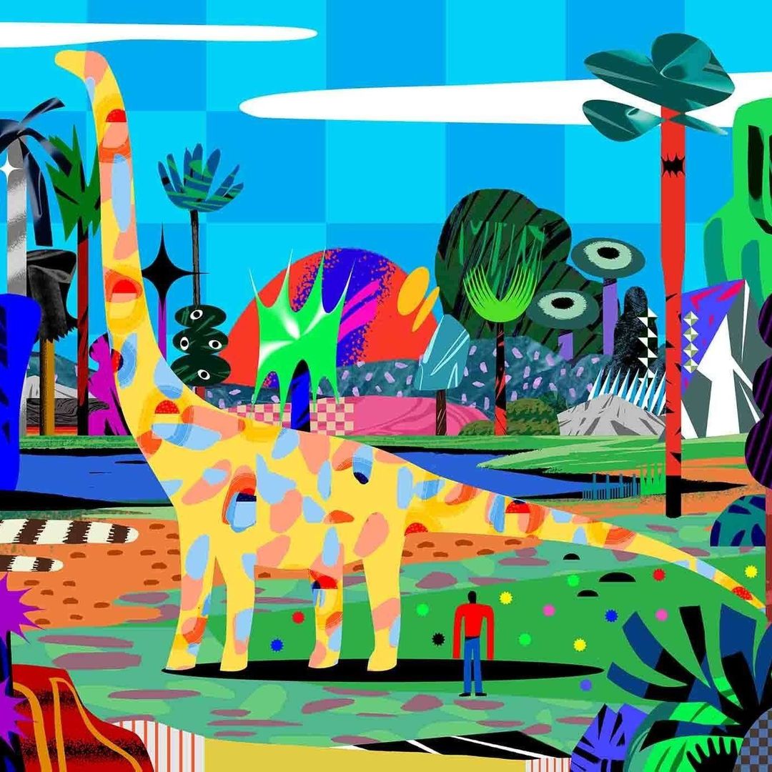 Whimsical illustration of a long-necked dinosaur standing in a colorful landscape with trees and a person. Art style with vibrant hues.