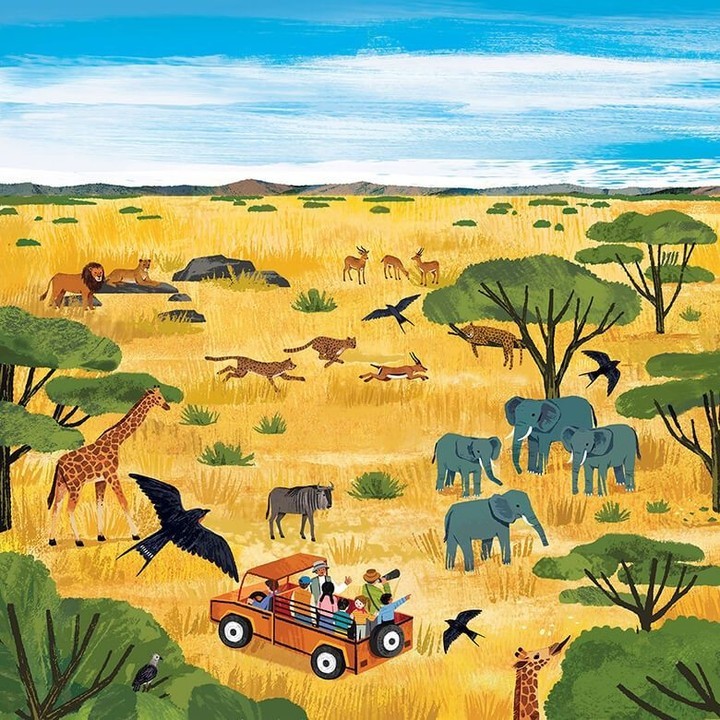 Illustration of an African safari featuring lions, giraffes, elephants, cheetahs, and other animals in a golden grassland setting.