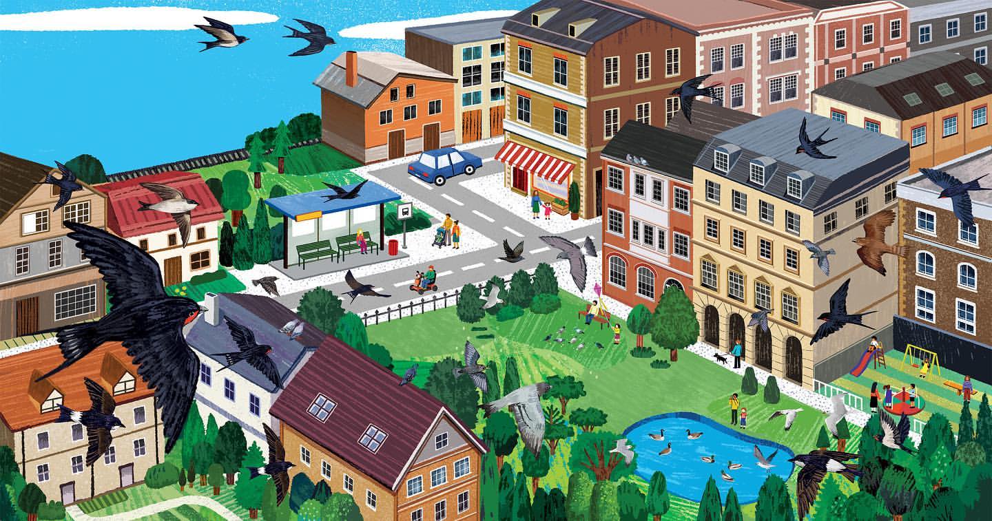 Illustrated urban scene with mixed-height buildings, people in the street, and swallows flying overhead on a sunny day.