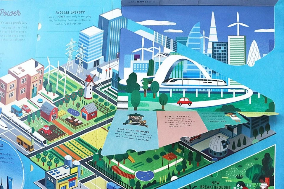 Illustration of a city and rural area showing different energy sources, including windmills, solar panels, and transportation.