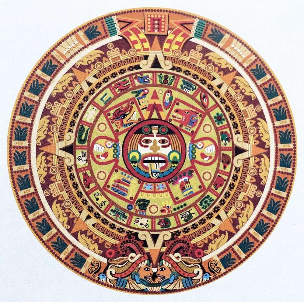 Circular Aztec sun stone design featuring a central face surrounded by geometric patterns and symbolic animal figures in warm earth tones.