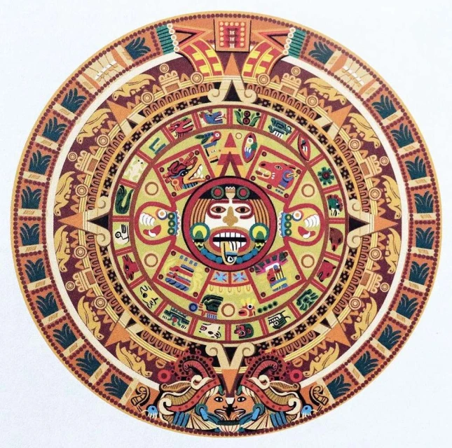 Circular Aztec sun stone design featuring a central face surrounded by geometric patterns and symbolic animal figures in warm earth tones.